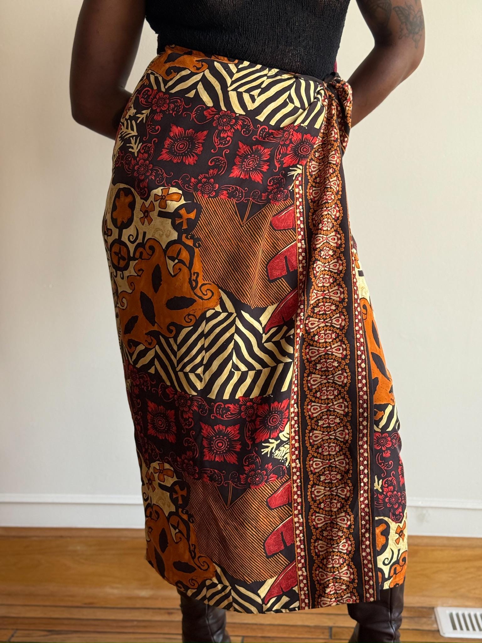 90S Dana Buchman Silk Wrap Skirt - Abstrakter Midirock Mit Schlitz Vorne von PlumeVintageBoutique