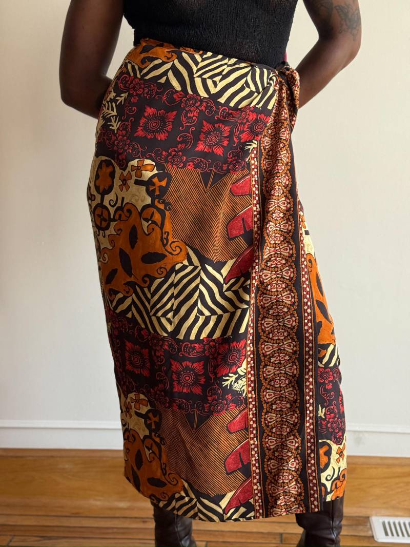 90S Dana Buchman Silk Wrap Skirt - Abstrakter Midirock Mit Schlitz Vorne von PlumeVintageBoutique