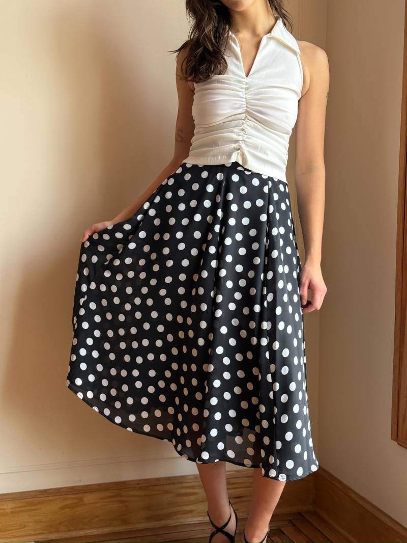 90S Jh Collectibles Schwarzer Polka Dot Midi Rock - Fit & Flare Chiffonrock von PlumeVintageBoutique