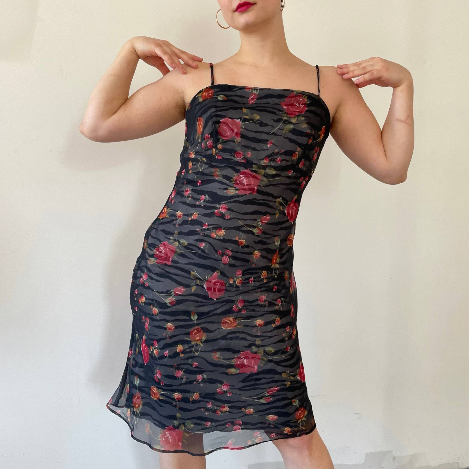 90S Rosen & Zebra Print Midi Kleid - Transparenter Overlay, Spaghetti Träger von PlumeVintageBoutique
