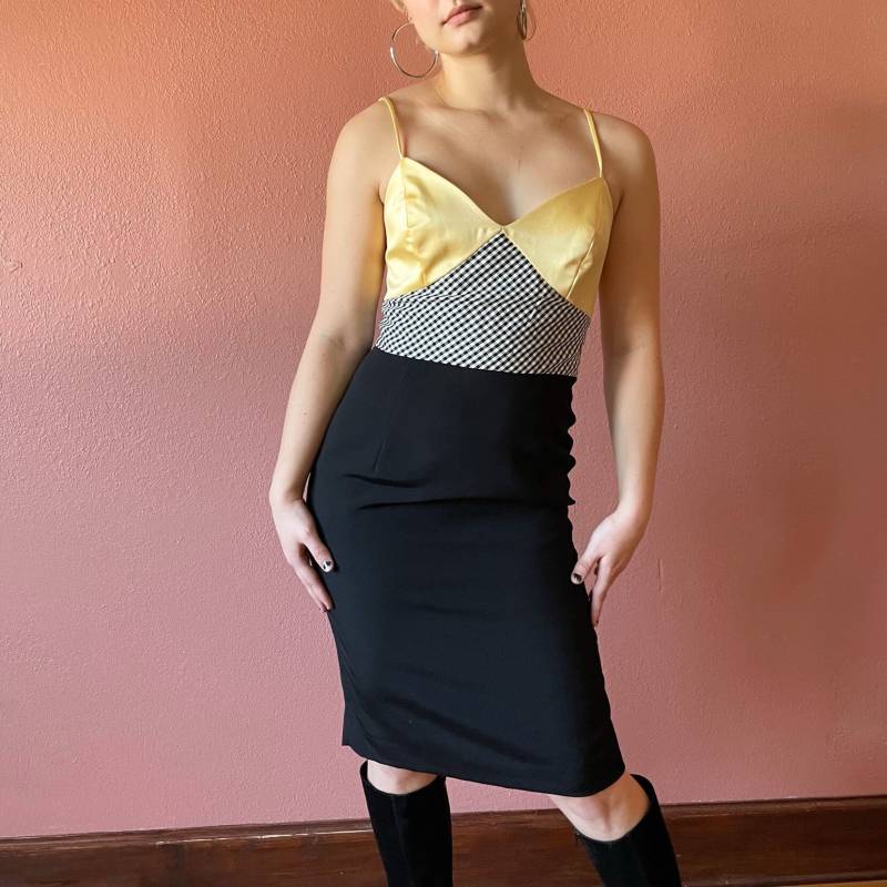 Bodycon Kleid Gelb Schwarz Karo Print Bodycon Kleid Gelb Schwarz Karo Print von PlumeVintageBoutique