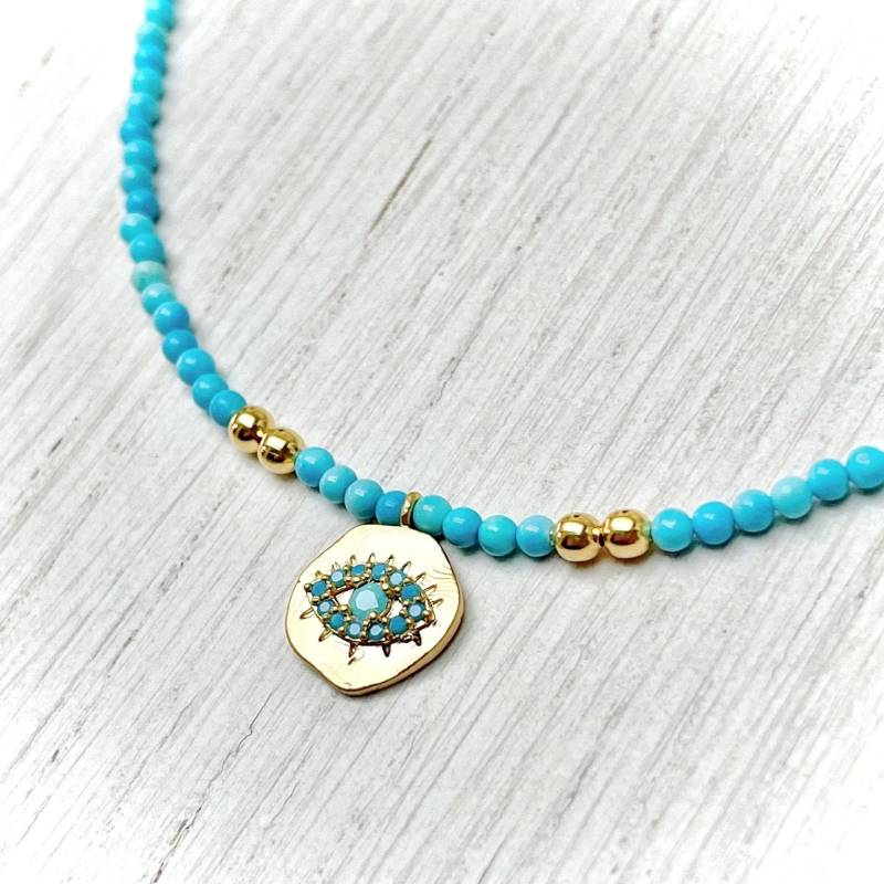 Boho-Chic-Halskette Aus Türkisblauen Achatperlen Mit Matt Vergoldetem Anhänger Blauem Auge Und Türkis Für Damen Boho-Chic-Halskette Aus Türkisblauen Achatperlen Mit Matt Vergoldetem Anhänger Blauem Auge Und Türkis Für Damen von Plumedargent