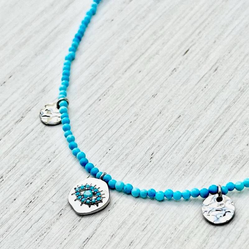 Halskette Aus Natürlichen Blauen Türkisfarbenen Achatsteinperlen Mit Pailletten Und Silbernem Steinaugenanhänger Für Frauen von Plumedargent