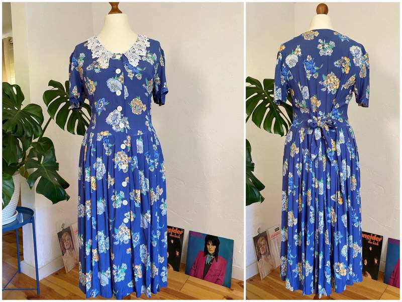 Eu36/38 Vintage Blümchenkleid S | 80Er Blaues Sommerkleid Mit Häkelkragen Cottagecore Retro A Linie Midi Kleid Blumen Nachhaltige Kleidung von PlusBabesVintage