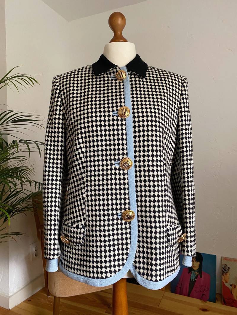 Eu38 Vintage Blazer Aus Wolle M | 80Er Karierter Wollblazer Mit Goldenen Knöpfen Hahnentritt Tweed Jacke Damenmode Nachhaltige Kleidung von PlusBabesVintage