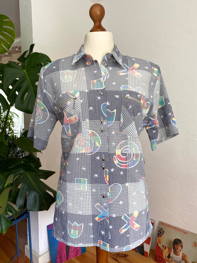 Eu40/42 Vintage Crazy Pattern Bluse 80Er von PlusBabesVintage