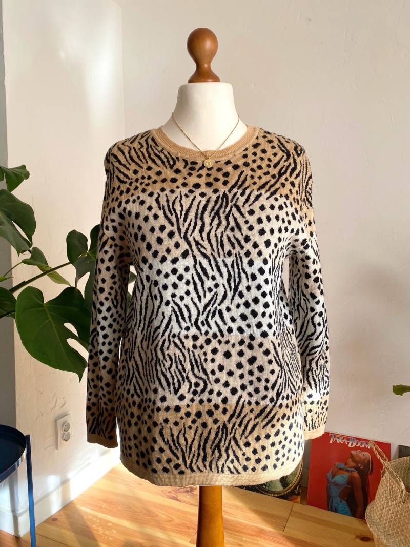 Eu40 Vintage Animal Print Wollpullover M | 80Er 90Er Pullover 100% Schurwolle Oldschool Strickpullover Nachhaltige Kleidung Slow Fashion von PlusBabesVintage