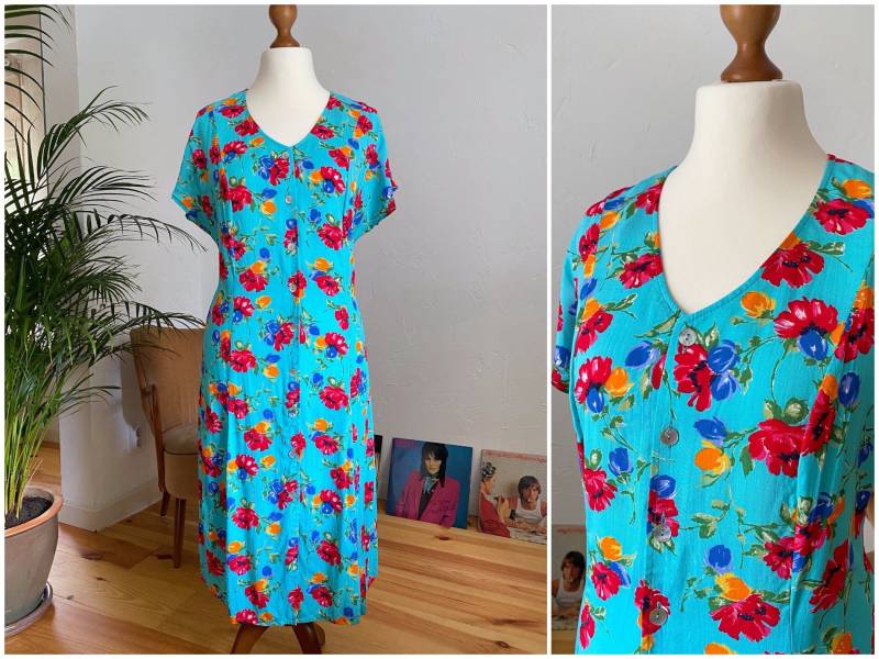 Eu40 Vintage Blümchenkleid L | 80Er Blumenkleid Viskose Midi Kleid Boho Romantisch Cottagecore Bunt Nachhaltige Kleidung Fair Fashion von PlusBabesVintage