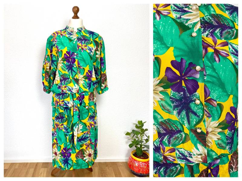 Eu42/44 Vintage Kleid L | 80Er Blumenkleid Sommerkleid Tropisch Retro Buntes Midi Nachhaltige Kleidung Sommermode Damen von PlusBabesVintage