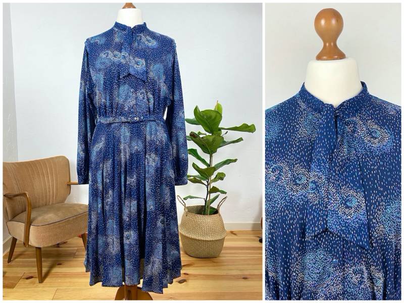 Eu42 Vintage Kleid L | 80Er Midi Mit Gürtel Retro Sommerkleid Galaxie Muster Nachhaltige Kleidung Fair Fashion True von PlusBabesVintage