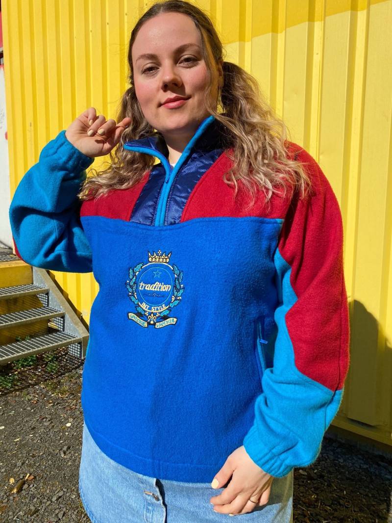 Eu44/46 Vintage Plus Size Fleece Pullover Xl | 80Er 90Er Bestickter Sweater Quarter Zip Unisex Oldschool Streetwear von PlusBabesVintage