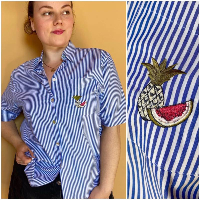 Eu44 Vintage Plus Size Gestreifte Bluse Mit Ananas Und Wassermelone von PlusBabesVintage