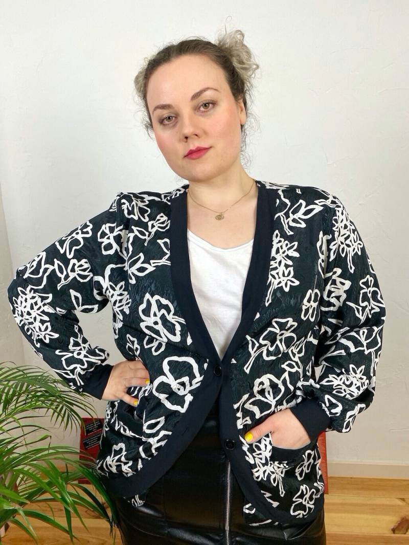 Eu44 Vintage Plus Size Jacke Xl | 80Er Leichte Cardigan Old School Schwarz Weiße True Nachhaltige Kleidung von PlusBabesVintage