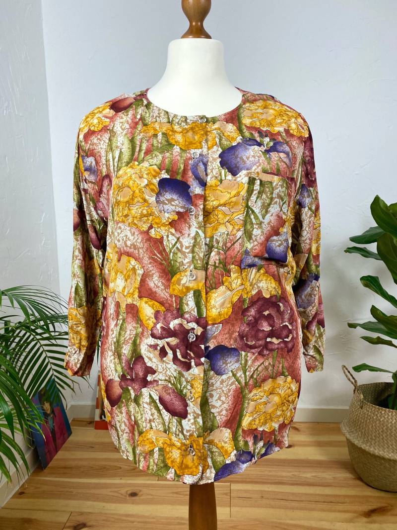 Eu46/48 Vintage Plus Size Bluse Xxl | 80Er Viskose Blumen Übergröße Sommerbluse Damenmode Nachhaltige Kleidung Faire Mode von PlusBabesVintage