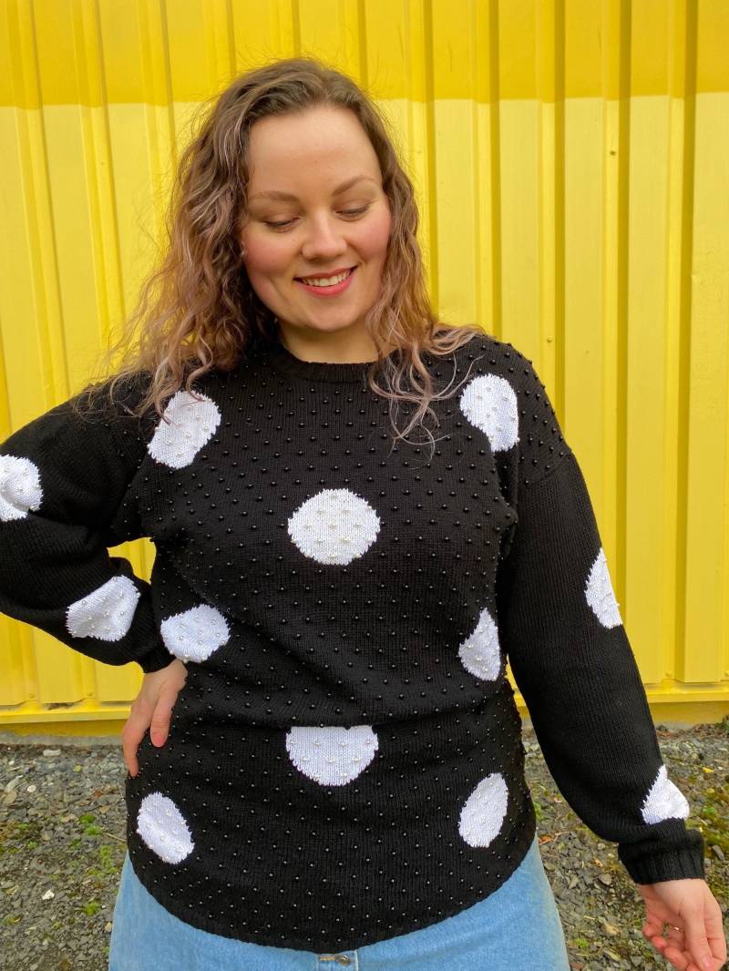 Eu46 Vintage Plus Size Pullover Mit Perlen Xl | 90Er 100% Baumwolle Polka Dot Schwarz Weiß Elegant Damenmode Strick Nachhaltig von PlusBabesVintage