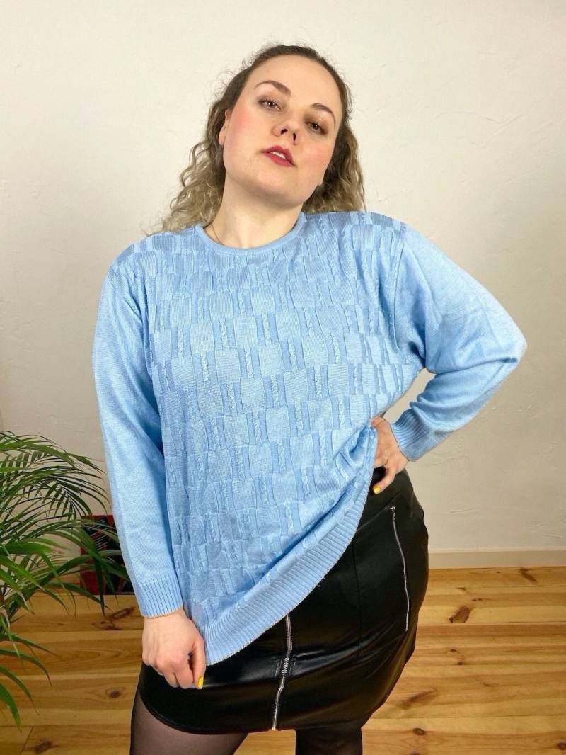 Eu50/52 Vintage Plus Size Pullover Xxl | 90Er Strickpullover Pastell Blau Retro Strickmode Nachhaltige Kleidung True Slow Fashion von PlusBabesVintage