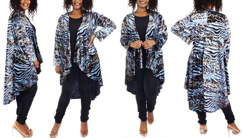 Plus Size Animal Print Samt Jacke Passt Large-2x, High End Duster Jacke, Low Open Front Jacket Cardigan, Hand Made in Usa von PlusOrBust