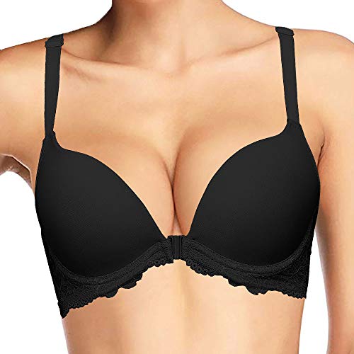 Plusexy Frontverschluss Push Up Racerback Bügel Unterstützung Dick Gepolsterter Plunge BH für Damen, schwarz, 90A von Plusexy