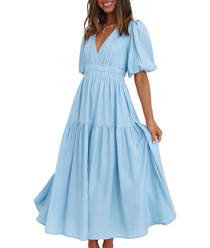 Damen-Maxikleid mit tiefem V-Ausschnitt, Puffärmel, langes, fließendes Sommerkleid, Blau, Groß von Plustrong