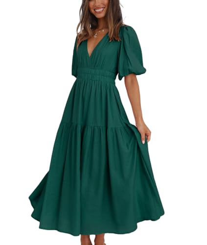 Damen-Maxikleid mit tiefem V-Ausschnitt, Puffärmel, langes, fließendes Sommerkleid, Grün , X-Groß von Plustrong