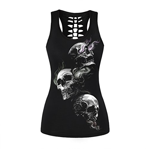 Damen Totenkopf-Shirt, Ausschnitt, Workout, Yoga, Laufen, Tanktop, ärmellos, Freizeithemden, Farbe Smoke 012, Mittel von Plustrong