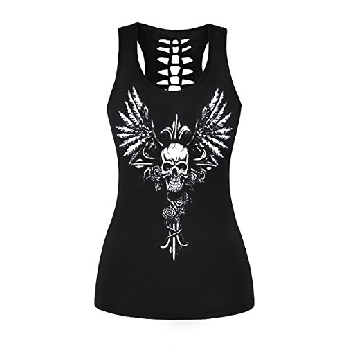 Damen Totenkopf-Shirts mit Ausschnitt für Workout, Yoga, Laufen, ärmellos, Freizeithemd, Totenkopf Kreuz 019, Mittel von Plustrong