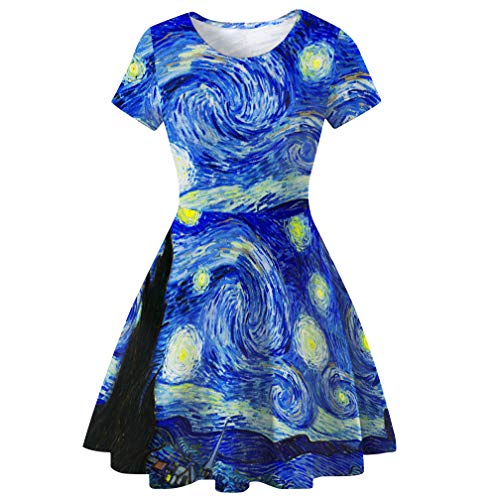 Plustrong Damen 3D Druck Kurzarm Casual Flared Midi Kleid - Blau - Groß von Plustrong