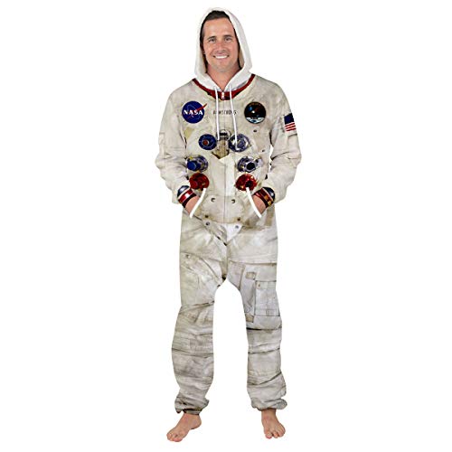 Plustrong Damen Herren 3D-Druck Langarm Erwachsene Onesie Jumpsuit Pyjama Nachtwäsche mit Kapuze, Astronaut 029, L von Plustrong