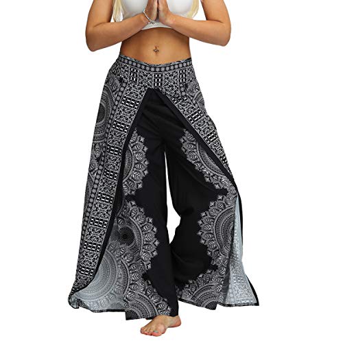 Plustrong Damen Hose mit Schlitzen und weitem Bein, lässig, Hippie, Strand, Boho, Pilates, fließend, Palazzo-Yogahose, Schwarzes Mandala 011, S/M von Plustrong