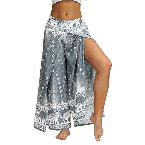 Plustrong Damen Palazzo-Hose mit weitem Bein und Schlitz, lässig, Boho, Hippie, Strand, Pilates, Workout, Yogahose, Grau Elefant 012, Large-X-Large von Plustrong