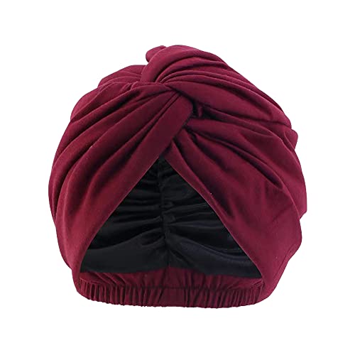 Pluto & Fox Beanie Turban Stoff Kopfbedeckung mit Gummiband hinten für Damen zum Schlafen Krebs Chemotherapie Nacht Haarausfall, Dunkelrot, 56/58 cm von Pluto & Fox