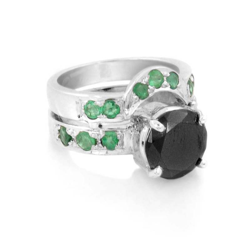 Set Aus Zwillingsringen 3 Karat Schwarzer Diamant Solitaires Mit Smaragd Akzenten, Benutzerdefinierte Option Weißen Diamanten, Verlobungsring von PlutoJewels