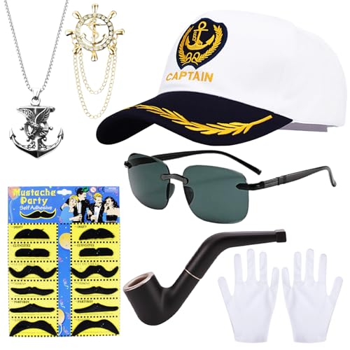 18-teiliges Set KapitäNsmüTze Herren Captain'S Caps Men'S Sailor Cap Sailor'S Cap For Men Captain MüTze KapitäN MüTze Mit 1 Sonnenbrille 12 Falscher Bart 1 Handschuhe 1 Abzeichen 1 Pfeife 1 Halskette von Pluvyze