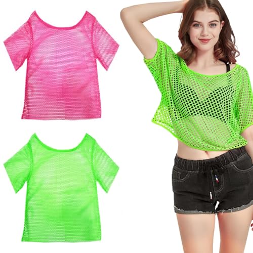 2 Stück Netzshirt Damen 80er Jahre Outfit Damen Pinkes Netzoberteil Damen 80er Netzoberteil Neon Outfit Damen 80er Neon Shirt Damen Ausgestattet Mit Zwei Paar Hohle Blitz Ohrringe von Pluvyze