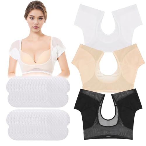 3 Stück Anti Schweiß Shirt Damen Mit 30 Stück Achselpads Damen Sweat Pads Schweißpads Achselschweiß Pads Schweißpads Für Die Achseln Armpit Sweat Pads (Weiß, Schwarz, Hautfarbe) L von Pluvyze