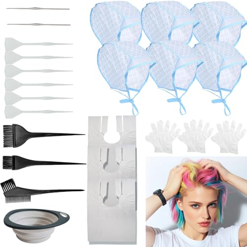 6 Pcs Strähnchenhaube Strähnenhaube Hair Dye Cap Stränchen Haube Stränchenhauben Strähnchen Haube Mit 3 Haarfärbepinsel, 8 Häkelnadeln, 3 Schürzen, 3 Paar Handschuhe und 1 Faltbare Haarfärbeschale von Pluvyze