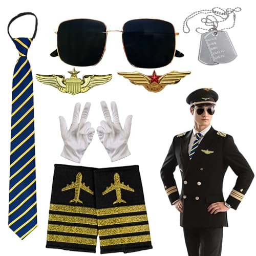 9 Stück Pilotenmütze Herren Zubehör Pilot Hat Accessoires mit Pilotenbrille Krawatte Schulterklappen Abzeichen Brosche Halskette Handschuhe für Erwachsene Männer Fasching Karneval Party Cosplay von Pluvyze