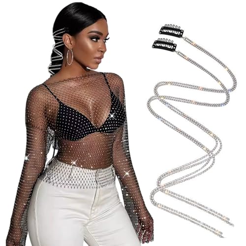 Mesh Oberteil Damen Glitzer Netz Oberteil Netzoberteil Damen Glitzer Oberteile Da-men Netz Ober-teil Dam-en Festival Mesh Langarm Glitz-er Top für Nachtclub Party Festival mit 2 strass haarketten（M） von Pluvyze