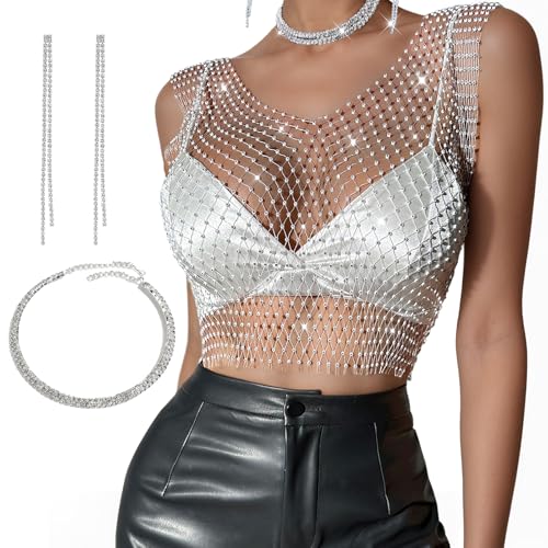 Netzoberteil Netz Oberteil Damen Festival Mesh Oberteil Damen Glitzer Oberteile Dame Glitzer Netz Ober-teil V-Ausschnitt-Top Festliche Party-Ober-teile Halskette Mit 1 Strasskette und 1 Paar Ohrringen von Pluvyze