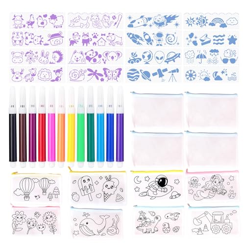 Pluvyze 12 Pcs Federmäppchen Zum Bemalen Mäppchen Zum Bemalen Taschen Zum Bemalen für Kinder Mit 12 Buntstifte und 16 Zeichenvorlagen DIY Graffiti Vliestasche Mit Reißverschluss, Leicht Zu Verstauen von Pluvyze