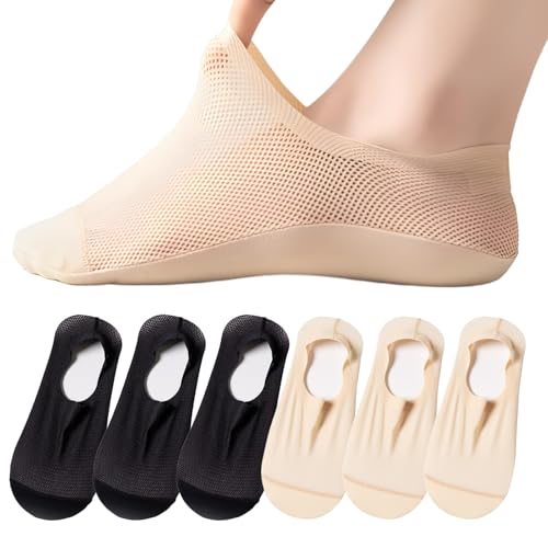 Pluvyze 6 Paar Füßlinge Damen,Rutschfest Ballerina Socken,Unsichtbare Socken,Weiche Atmungsaktive Bootssocken,für Loafer Turnschuhe Flache Bootsschuhe(Hautfarbe,Schwarz) von Pluvyze