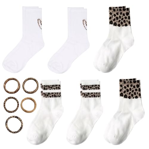 Pluvyze 6 Paar Leo Tennissocken Damen 39-42 Herz Gestreifte Leo Socken Leopardenmuster Socken Leoprint Sock-en Leoprint Socks Crew Sportsocken für Damen Männer Frauen mit 5 Leopardenmuster Haargummi von Pluvyze