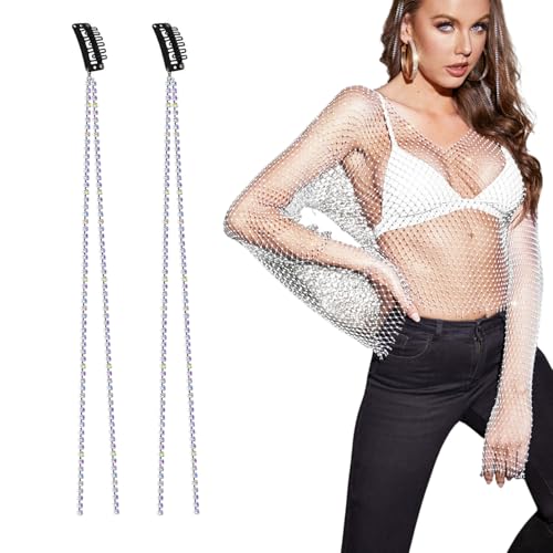 Pluvyze Mesh Oberteil Damen Glitzer Netz Oberteil Damen Festival Netzoberteil Dame-n Glitzer Oberteile Dame-n Mesh Langarm Glit-zer Top für Nachtclub Party Festival mit 2 Strass Haarketten（M/Weiß von Pluvyze