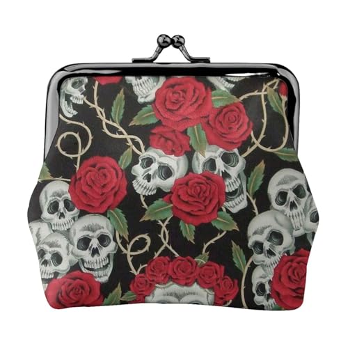 Beaver Mini-Münzgeldbörse, Leder, Kussschloss, Geldbörse, Geldbeutel, Tasche für Damen, Mädchen, Kinder, Totenkopf und rote Rose, Einheitsgröße, Münztasche von Pmnnerefaq