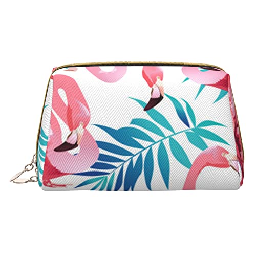 Kleine Kosmetiktasche aus Leder für Geldbörse, Reise-Make-up-Tasche, tragbar, vielseitig, mit Reißverschluss, für Damen, Galaxie-Grün, Grünes Pflanzenblatt mit Flamingo-Vogelmotiv, Einheitsgröße, von Pmnnerefaq