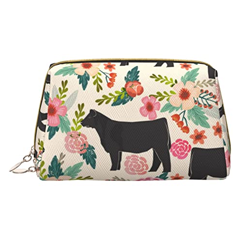 Kleine Kosmetiktasche aus Leder mit braunen Kuh-Punkten, für Geldbörse, Reise-Make-up-Tasche, tragbar, vielseitig, mit Reißverschluss für Damen, Pink Flower Show Steer Cows Rinder, Einheitsgröße, von Pmnnerefaq