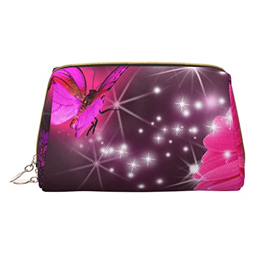 Kleine Kosmetiktasche aus Leder mit rotem Leopardenmuster, für Geldbörse, Reisen, Make-up-Tasche, tragbar, vielseitig, mit Reißverschluss für Damen, Pink Flower Purple Butterfly, Einheitsgröße, von Pmnnerefaq