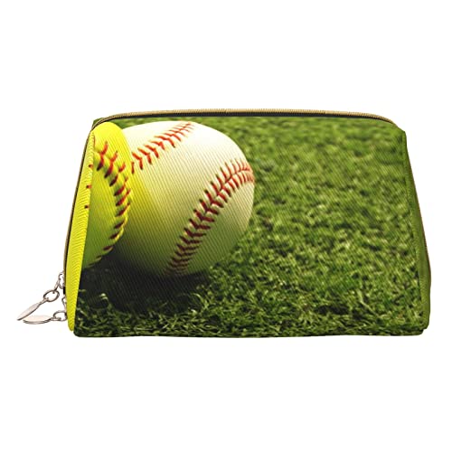 Kleine Kosmetiktasche aus Leder mit rotgoldenem Muster, Make-up-Tasche für Geldbörse, Reisen, Make-up-Tasche, tragbar, vielseitig, mit Reißverschluss, Make-up-Tasche für Damen, Grass Baseball von Pmnnerefaq