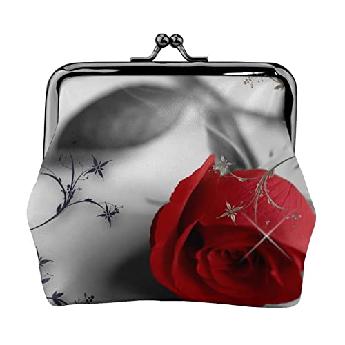 Mini-Geldbörse für Reisen, Berglandschaft, Leder, Kussschloss, Geldbeutel, Tasche für Damen, Mädchen, Kinder, rote rose, Einheitsgröße, Münztasche von Pmnnerefaq