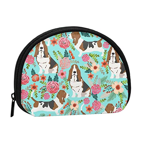 Mini-Münzgeldbörse mit Cartoon-Llama-Alpaka-Motiv, mit Reißverschluss, für Damen, Mädchen, Kinder, Süßer Basset Hound Blumen., Einheitsgröße, Münztasche von Pmnnerefaq